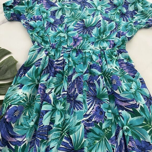 Luci Fellini Womens Vintage 80s Shirt Dress Size M Blue Green Tropical Pockets - Picture 10 of 11